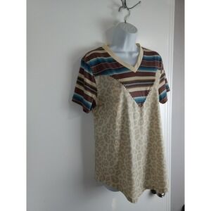 Crazy Train Shirt Womens Medium‎ Leopard Stripe V Neck Western Boho Casual Top